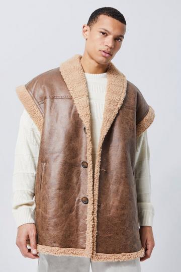 Brown Tall Oversized Borg Trim Sleeveless Aviator