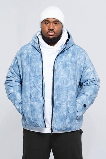 Plus Tie Dye Square Panel Hooded Puffer light blue