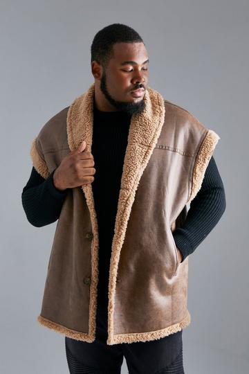 Brown Plus Loose Fit Borg Trim Sleeveless Aviator
