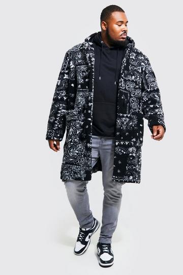 Plus Borg Bandana Print Duffle Coat black