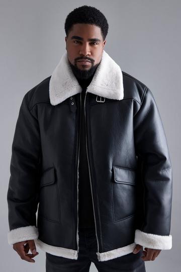 Plus Leather Look Aviator With Borg Collar black