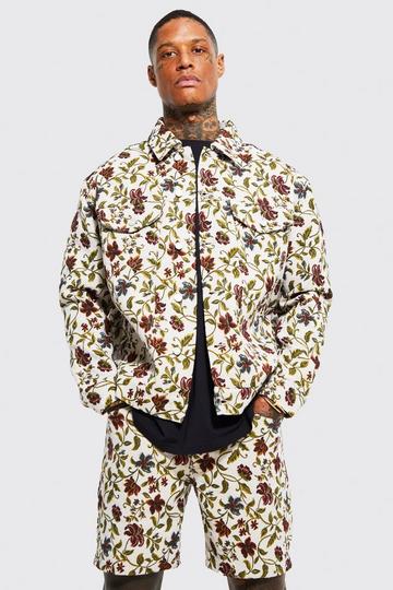 White Oversized Tapestry Floral Denim Jacket