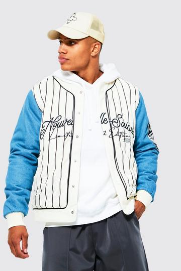 Ecru White Collarless Denim Sleeve Limited Varsity