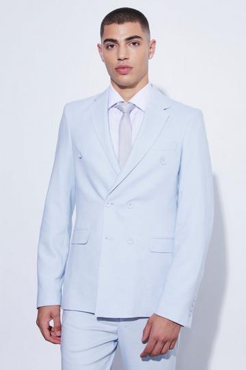 Blue Double Breasted Slim Textured Suit Jacket