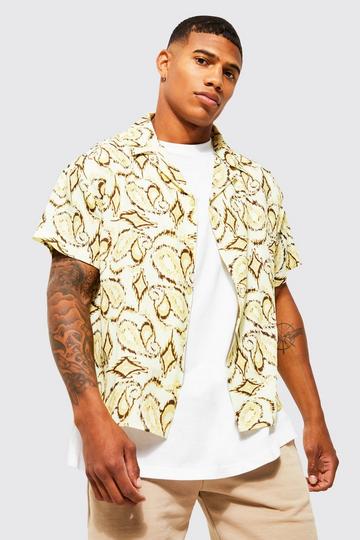 White Short Sleeve Boxy Paisley Viscose Revere Shirt