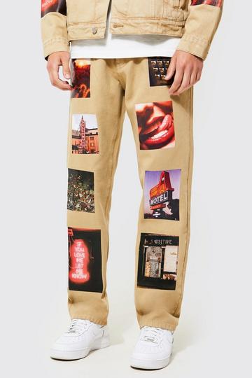 Beige Relaxed Fit Photoprint Jeans