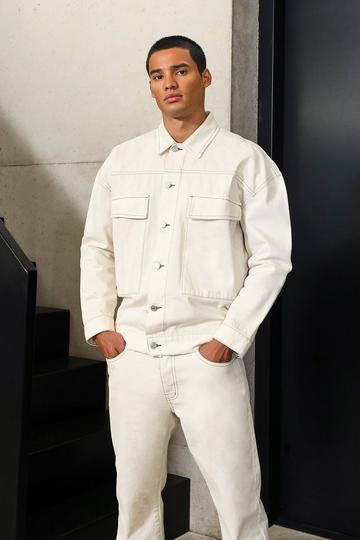 White Oversized Contrast Stitch Denim Jacket