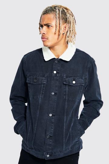 Tall Denim Jacket With Borg Collar washed black