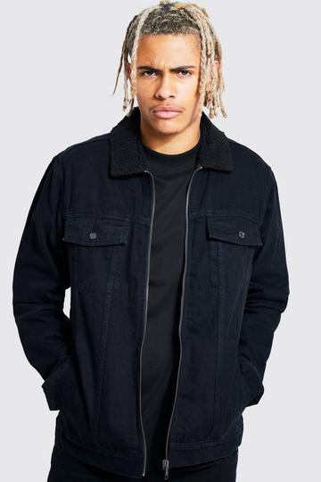 Tall Zip Through Borg Collar Denim Jacket true black