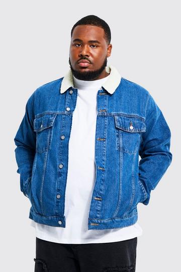 Blue Plus Denim Jacket With Borg Collar