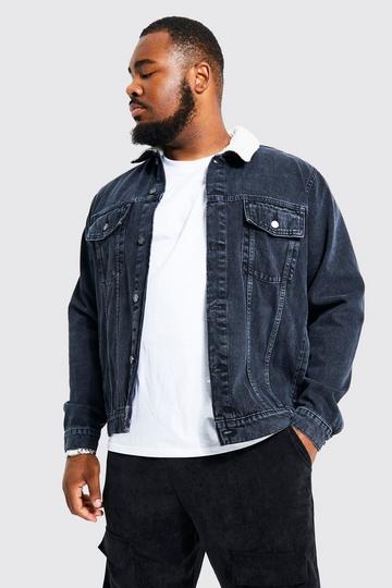 Plus Denim Jacket With Borg Collar washed black