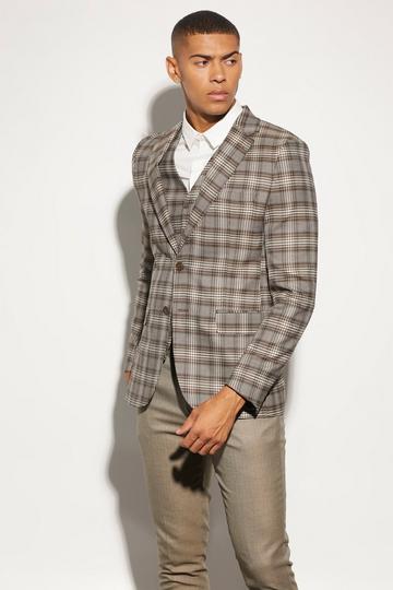 Brown Skinny Single Breasted Check Suit Jacket
