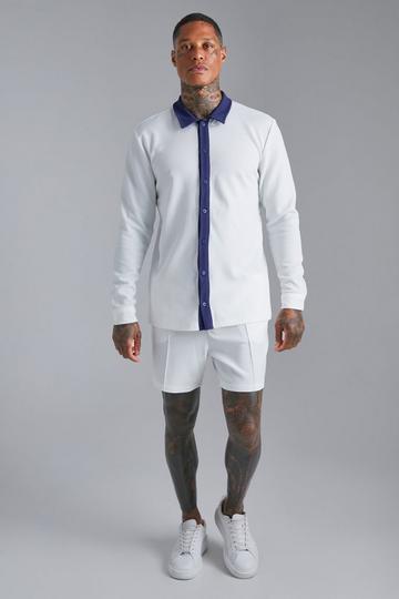 White Long Sleeve Jersey Textured Shirt And Short