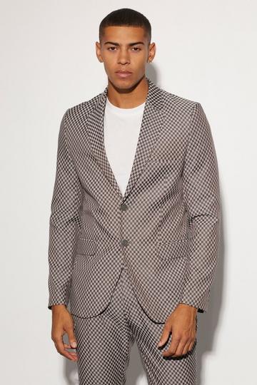 Slim Single Breasted Checkerboard Suit Jacket grey