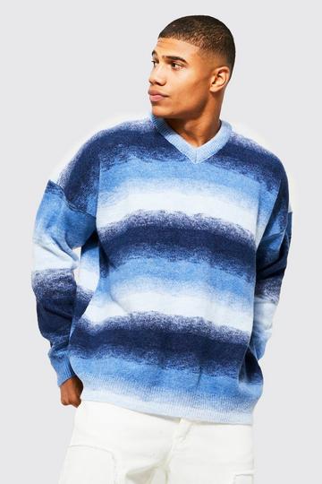 Oversized Brushed Ombre V Neck Knit Jumper blue