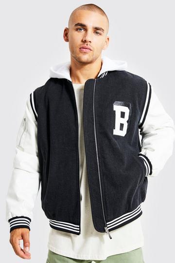 Oversized Denim Hooded Badge Varsity Jacket mid grey