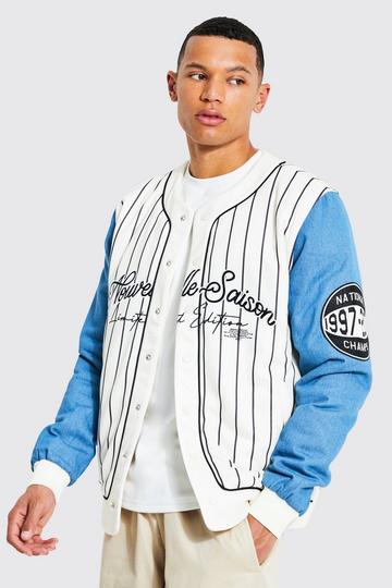 Ecru White Tall Collarless Varsity With Denim Sleeves