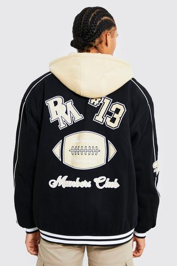 Black Tall Oversized Limited Hooded Varsity Jacket