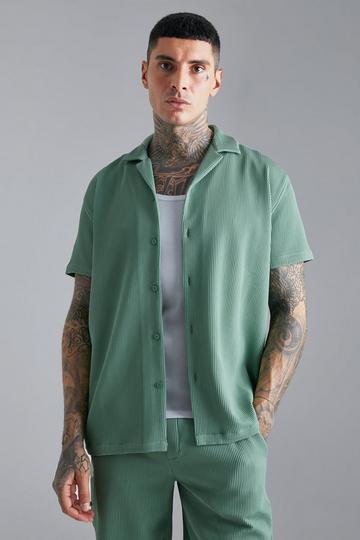 Khaki Short Sleeve Oversized Pleated Shirt