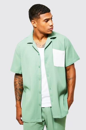 Khaki Pleated Oversized Short Sleeve Colour Block Shirt