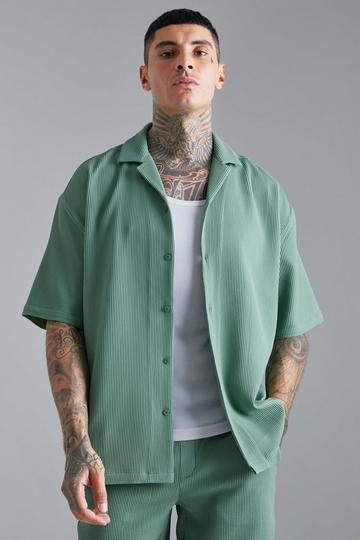 Khaki Pleated Short Sleeve Oversized Boxy Shirt