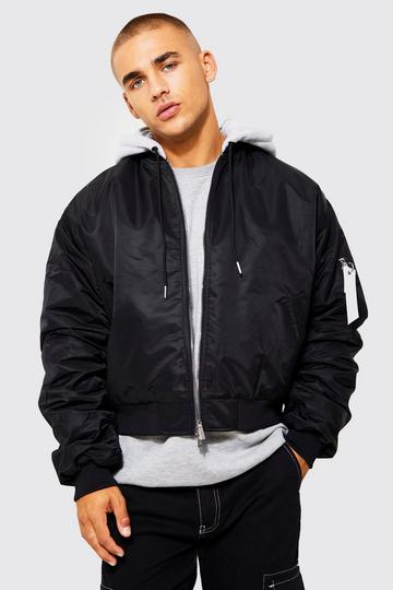 Black Boxy Nylon Bomber With Jersey Hood