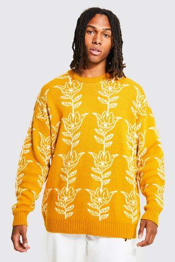 Yellow Oversized Leaf Print Knitted Jumper