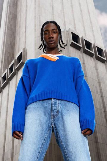 Boxy Varsity Asymmetric Rib Jumper cobalt