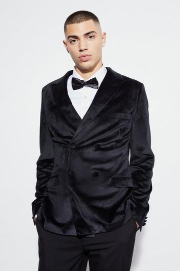 Skinny Velour Double Breasted Suit Jacket black