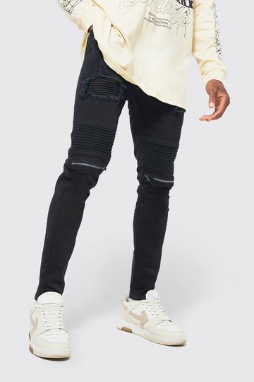 Black Skinny Stretch Ripped Biker Jeans With Zips