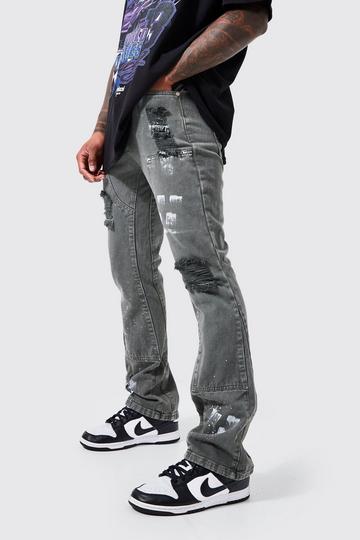 Grey Slim Worker Panel Paint Splatter Jeans