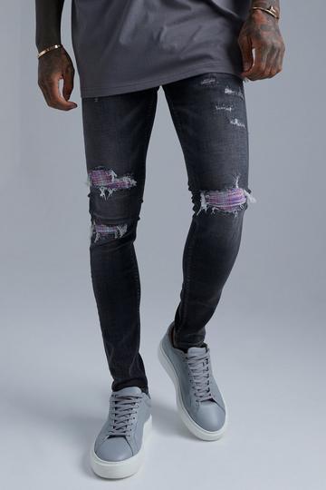Black Skinny Distressed Rip & Repair Check Jeans