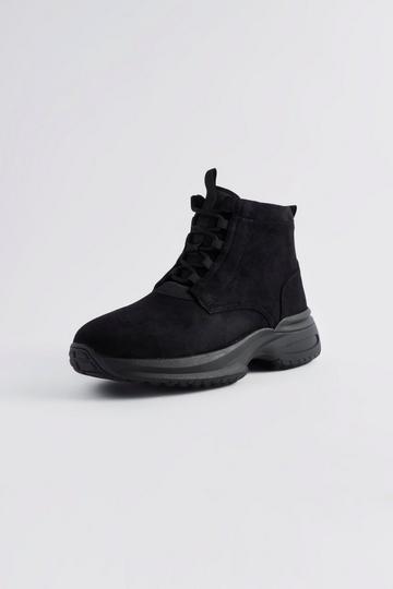 Track Sole Faux Suede Lace Up Boot black