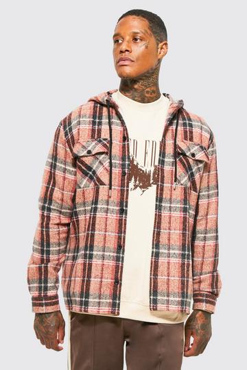 Heavy Brushed Check Overshirt With Hood burnt orange