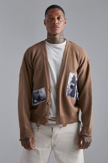 Photo Print Boxy Distressed Cardigan taupe