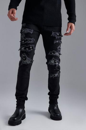 Tall Skinny Stretch Rip & Repair Bandana Jean washed black