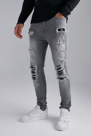 Tall Skinny Stretch Rip & Repair Check Jean light grey