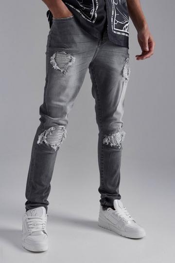 Tall Skinny Stretch Rip & Repair Biker Jean mid grey