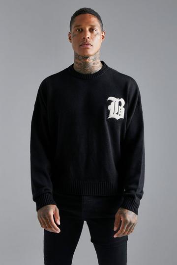Black Distressed B Boxy Ribbed Jumper