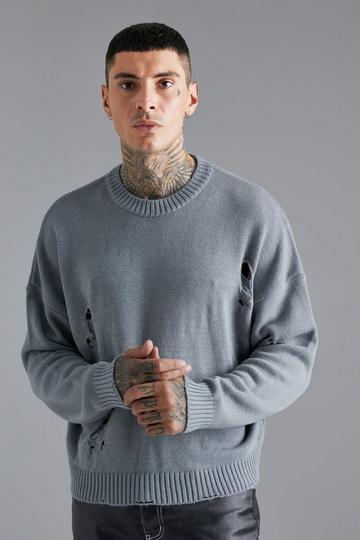 Boxy Distressed Drop Shoulder Jumper light grey