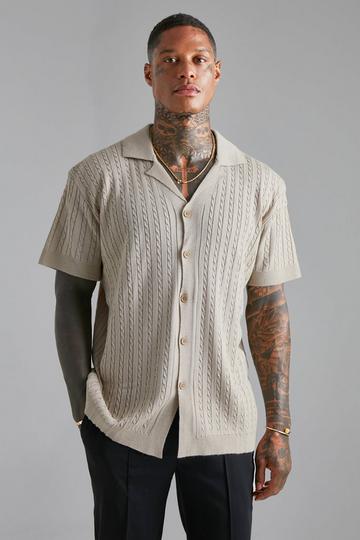 Short Sleeve Revere Cable Knit Shirt stone
