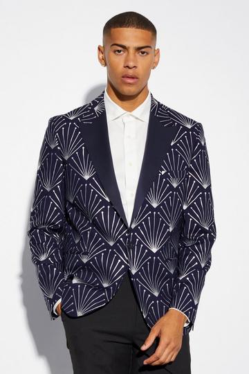 Navy Relaxed Fit Foil Print Blazer