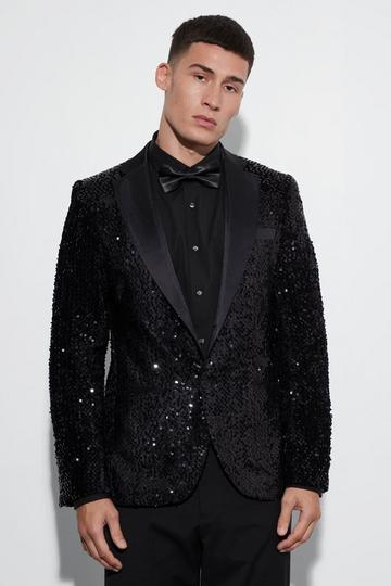 Skinny Sequin Blazer With Contrast Lapels black