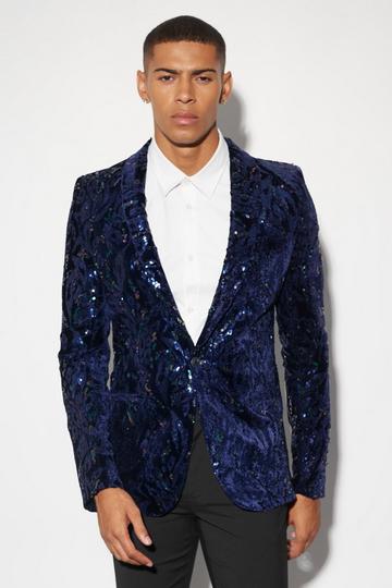 Skinny Shawl Lapel Sequin Blazer navy
