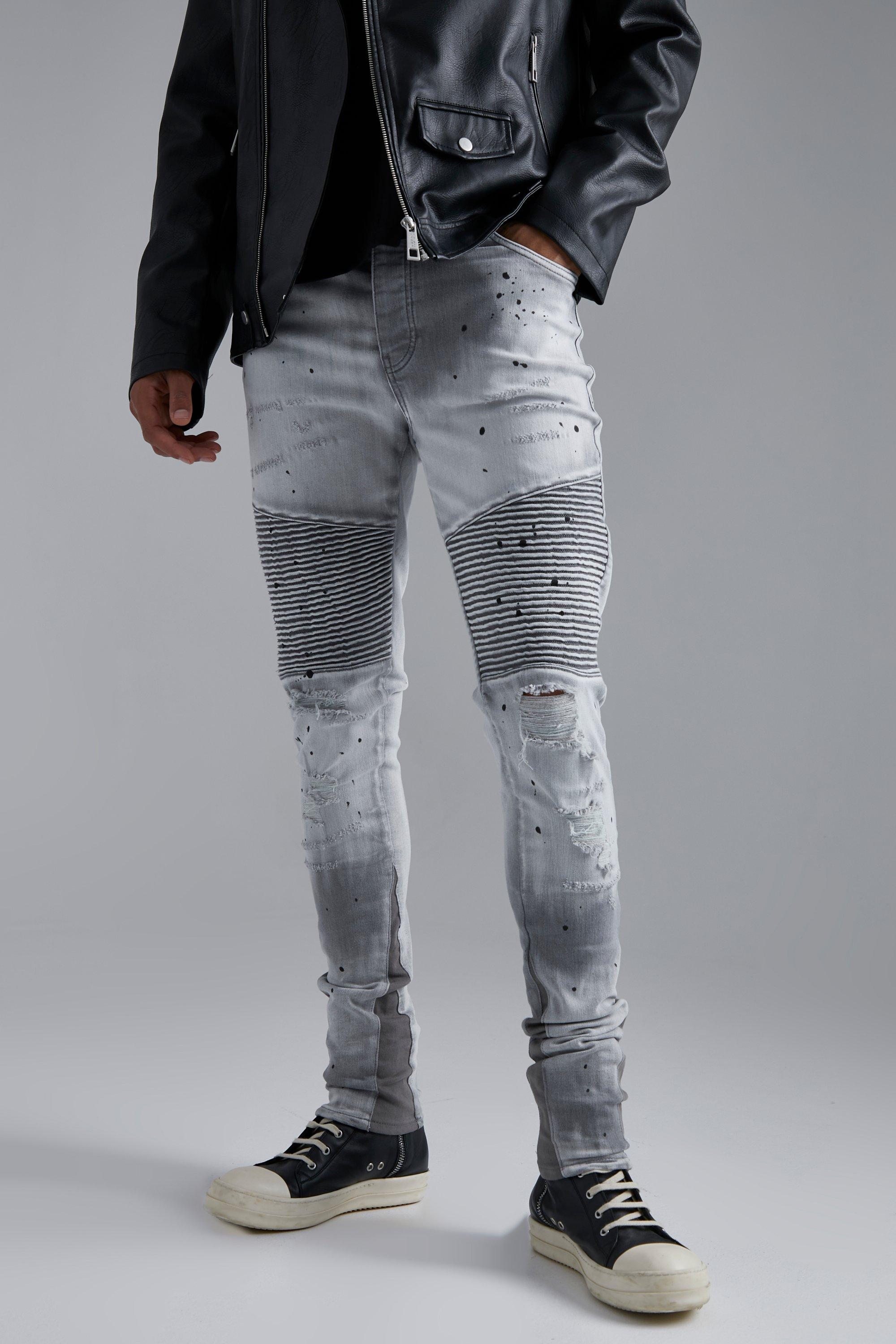 Grey Womens Mens Clothing Mens Jeans Skinny jeans Boohoo Plus Slim Print Denim Jean With Distressing in Light Grey 