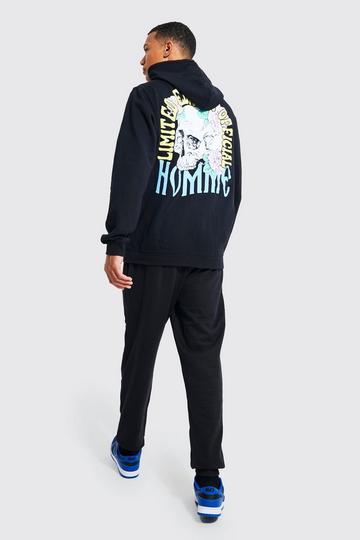 Black Tall Floral Skull Graphic Hooded Tracksuit