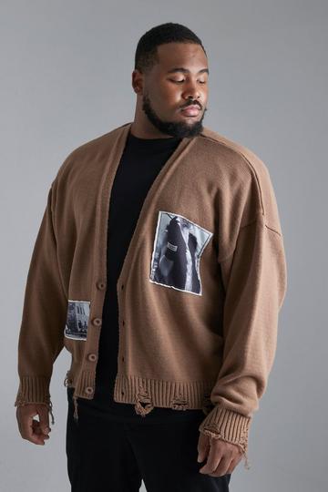 Plus Photo Print Boxy Distressed Cardigan taupe