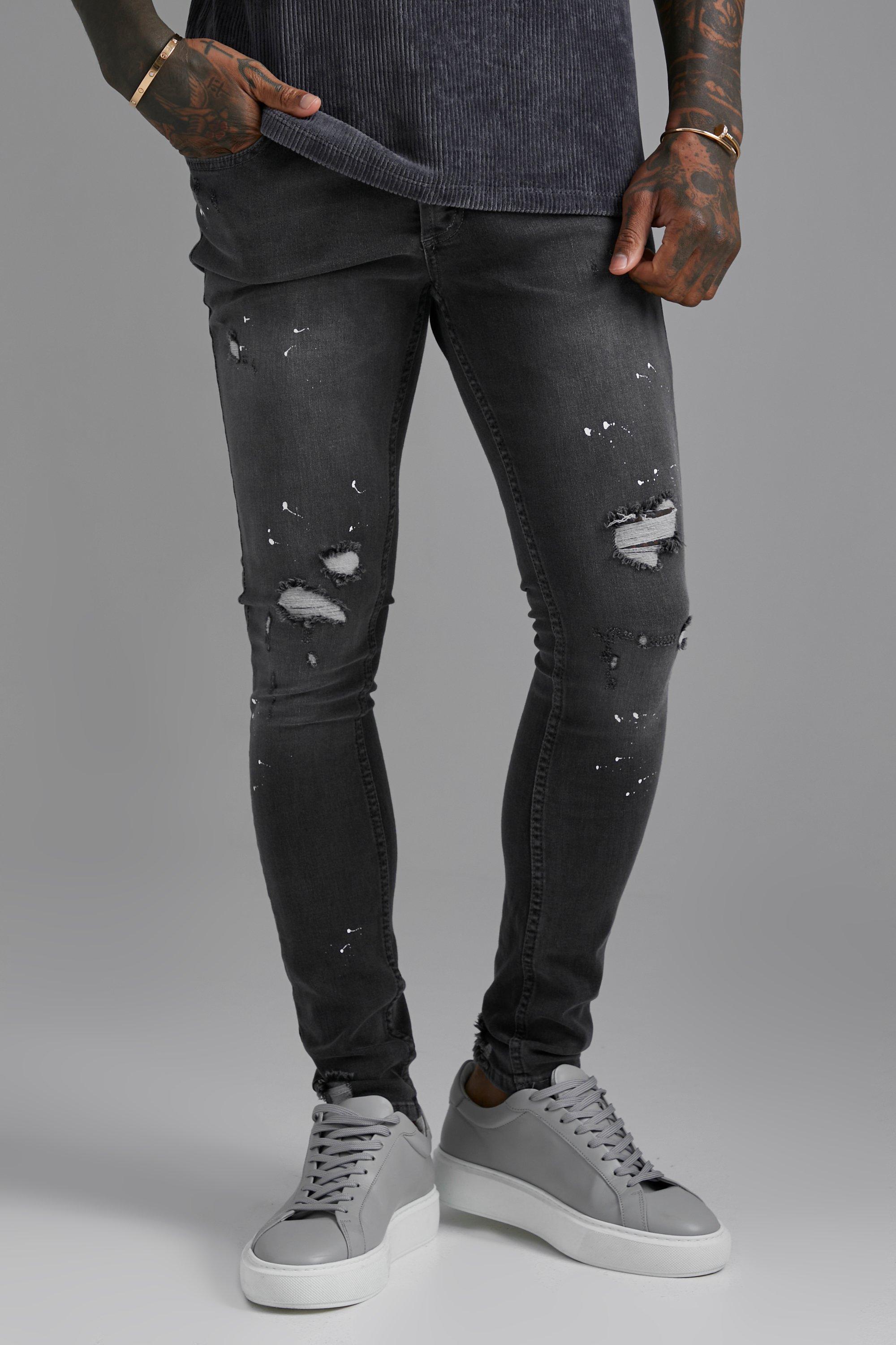 Grey Boohoo Denim Super Skinny Busted Knee Paint Splatter Jeans in Mid Grey Womens Mens Clothing Mens Jeans Skinny jeans 