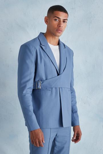 Blue Oversized Boxy Wrap Over Detail Suit Jacket