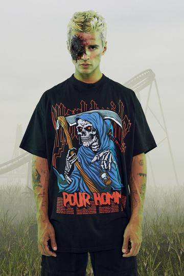 Black Oversized Grim Reaper Graphic T-shirt
